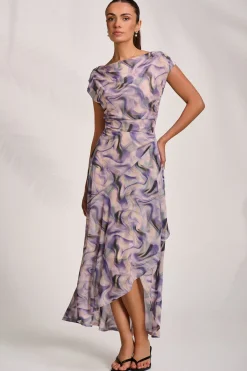 Jolie Moi Occasion Dresses|Sleeveless Dresses-Asymmetric Draped Mesh Maxi Dress, Purple Abstract