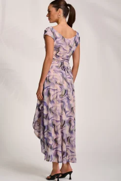 Jolie Moi Occasion Dresses|Sleeveless Dresses-Asymmetric Draped Mesh Maxi Dress, Purple Abstract