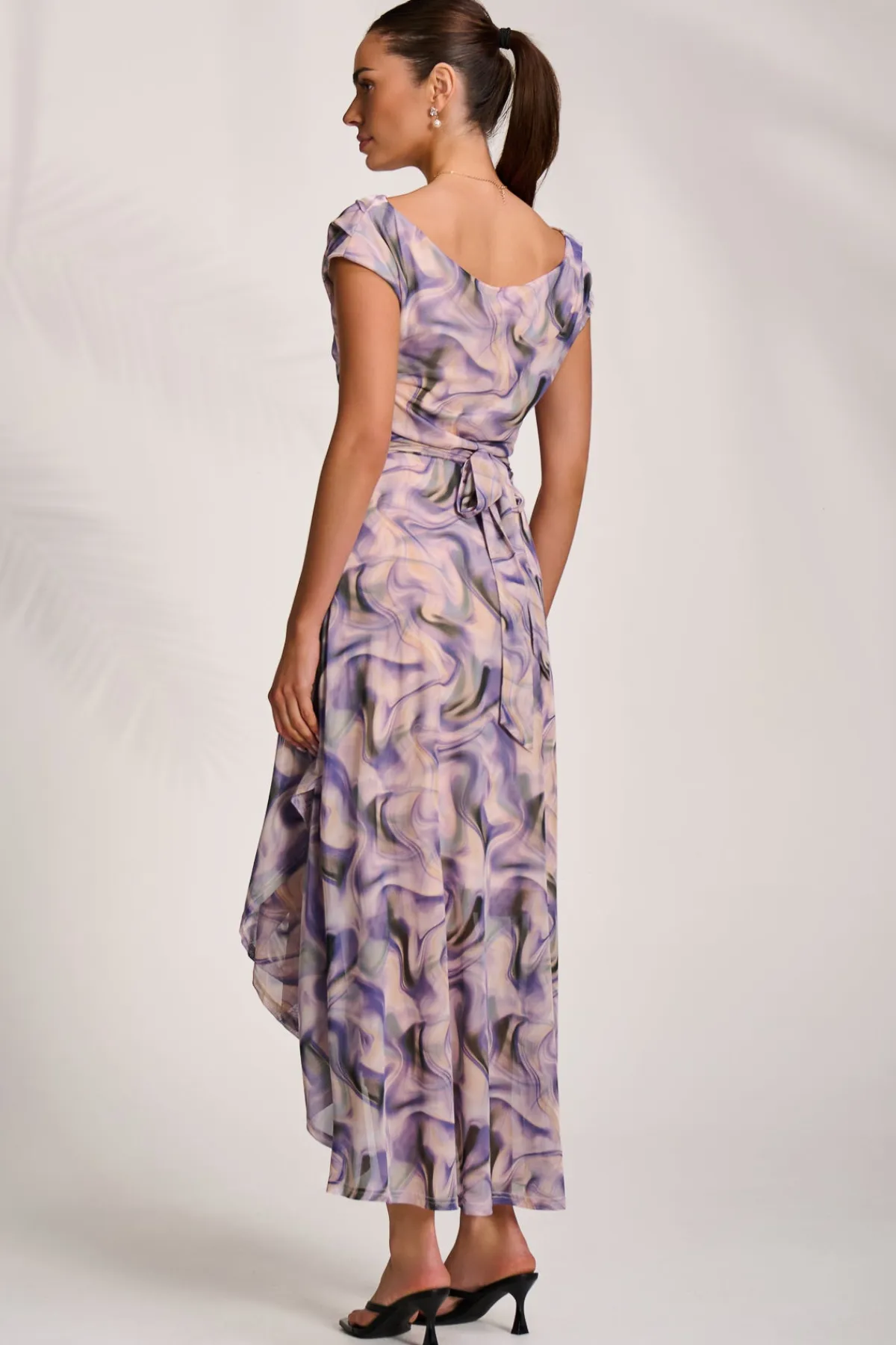 Jolie Moi Occasion Dresses|Sleeveless Dresses-Asymmetric Draped Mesh Maxi Dress, Purple Abstract