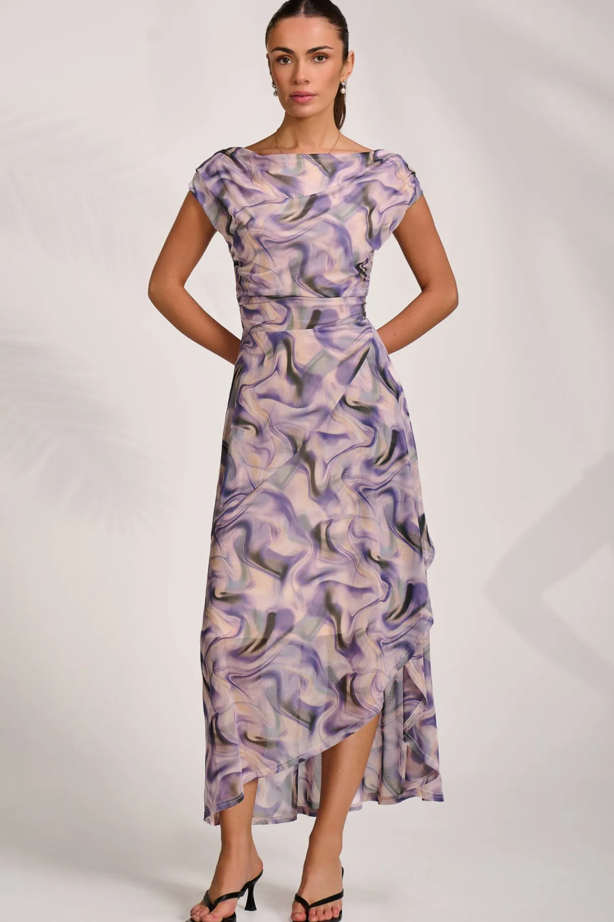 Jolie Moi Occasion Dresses|Sleeveless Dresses-Asymmetric Draped Mesh Maxi Dress, Purple Abstract