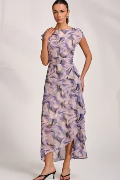 Jolie Moi Occasion Dresses|Sleeveless Dresses-Asymmetric Draped Mesh Maxi Dress, Purple Abstract