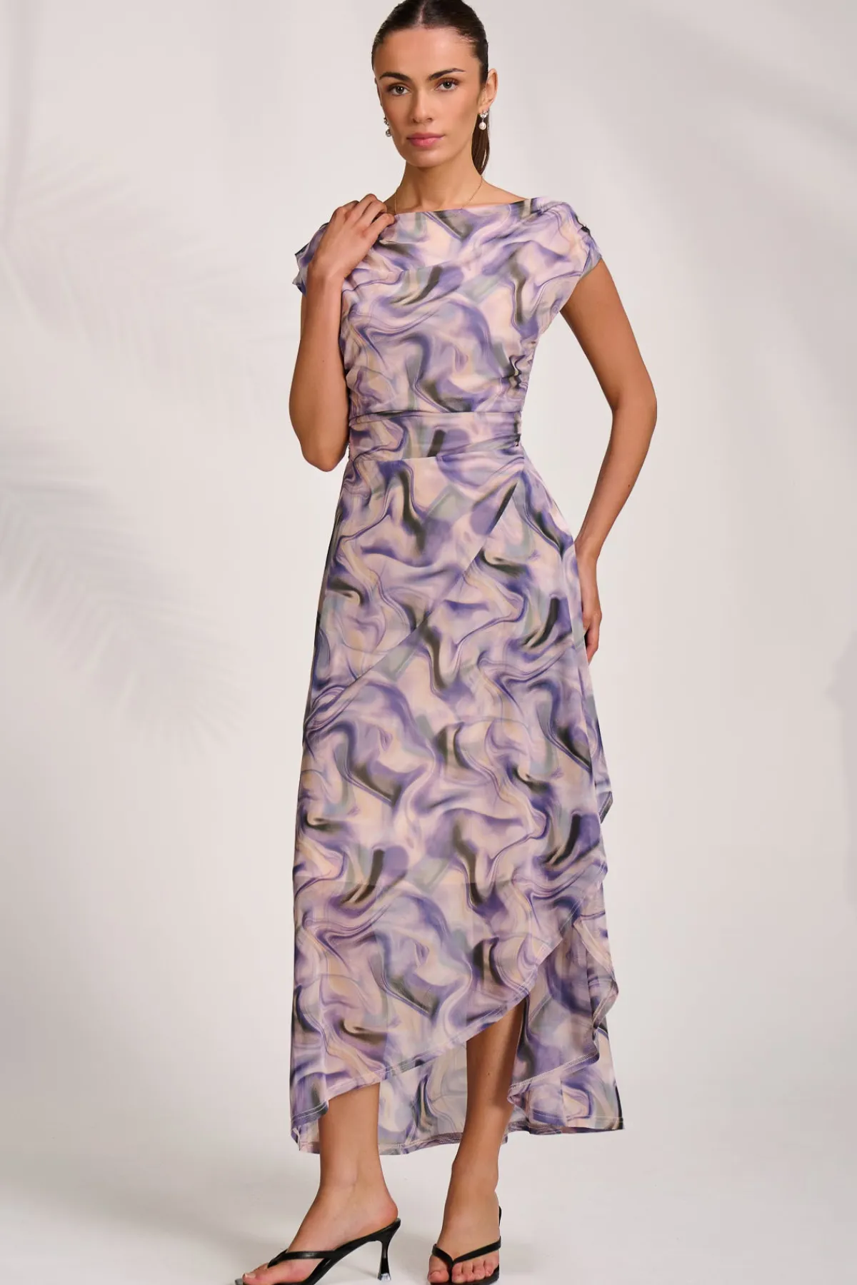 Jolie Moi Occasion Dresses|Sleeveless Dresses-Asymmetric Draped Mesh Maxi Dress, Purple Abstract