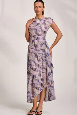 Jolie Moi Occasion Dresses|Sleeveless Dresses-Asymmetric Draped Mesh Maxi Dress, Purple Abstract