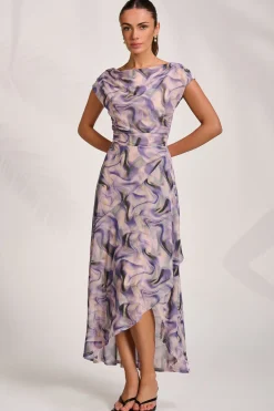 Jolie Moi Occasion Dresses|Sleeveless Dresses-Asymmetric Draped Mesh Maxi Dress, Purple Abstract