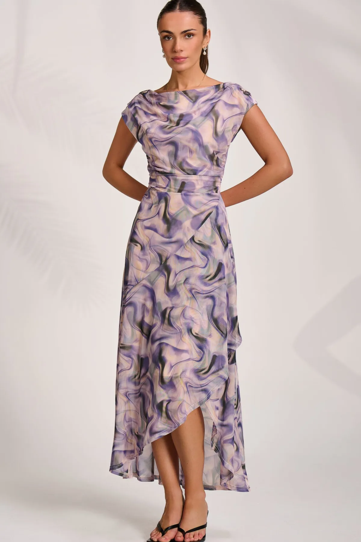 Jolie Moi Occasion Dresses|Sleeveless Dresses-Asymmetric Draped Mesh Maxi Dress, Purple Abstract