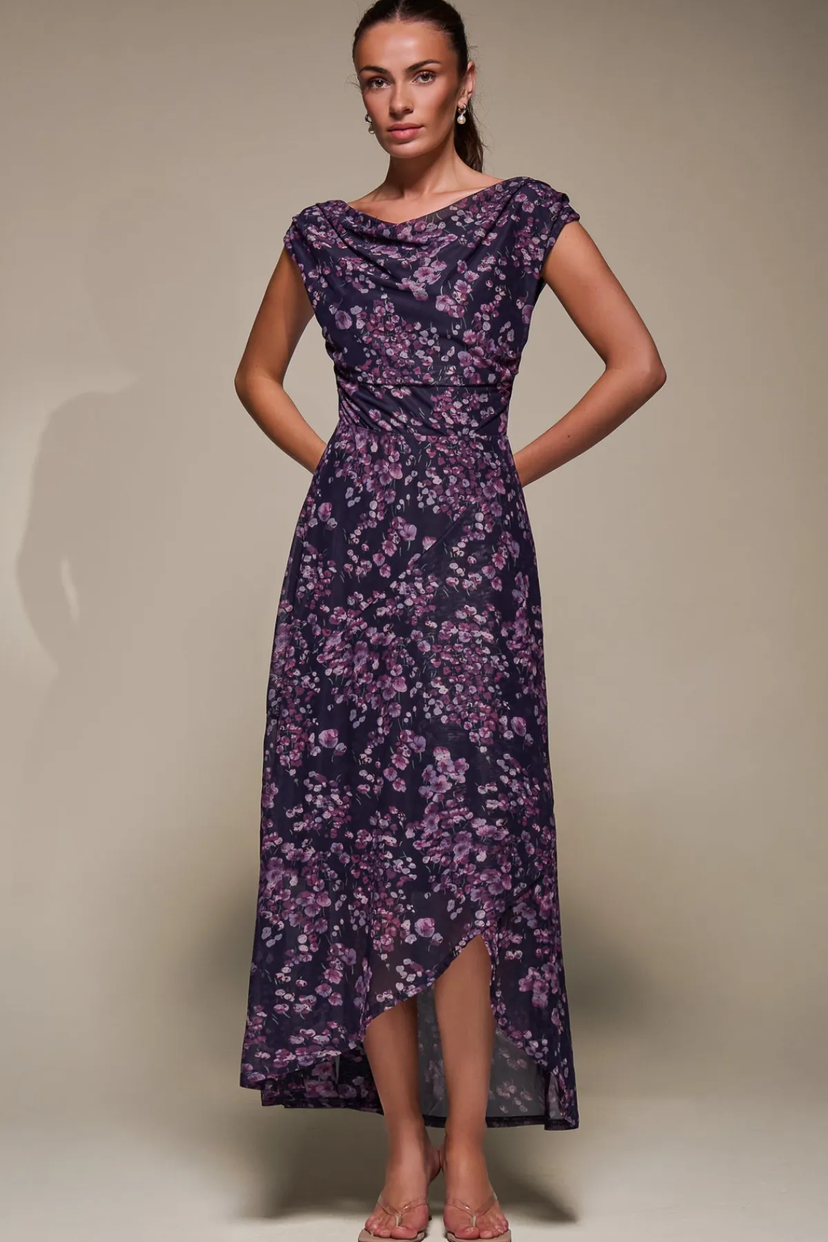 Jolie Moi Occasion Dresses|Floral Dresses-Asymmetric Draped Mesh Maxi Dress, Purple Floral