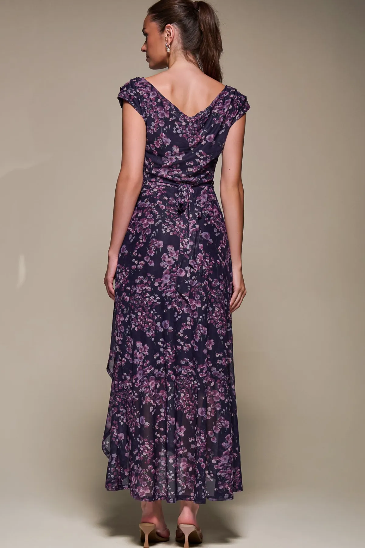 Jolie Moi Occasion Dresses|Floral Dresses-Asymmetric Draped Mesh Maxi Dress, Purple Floral