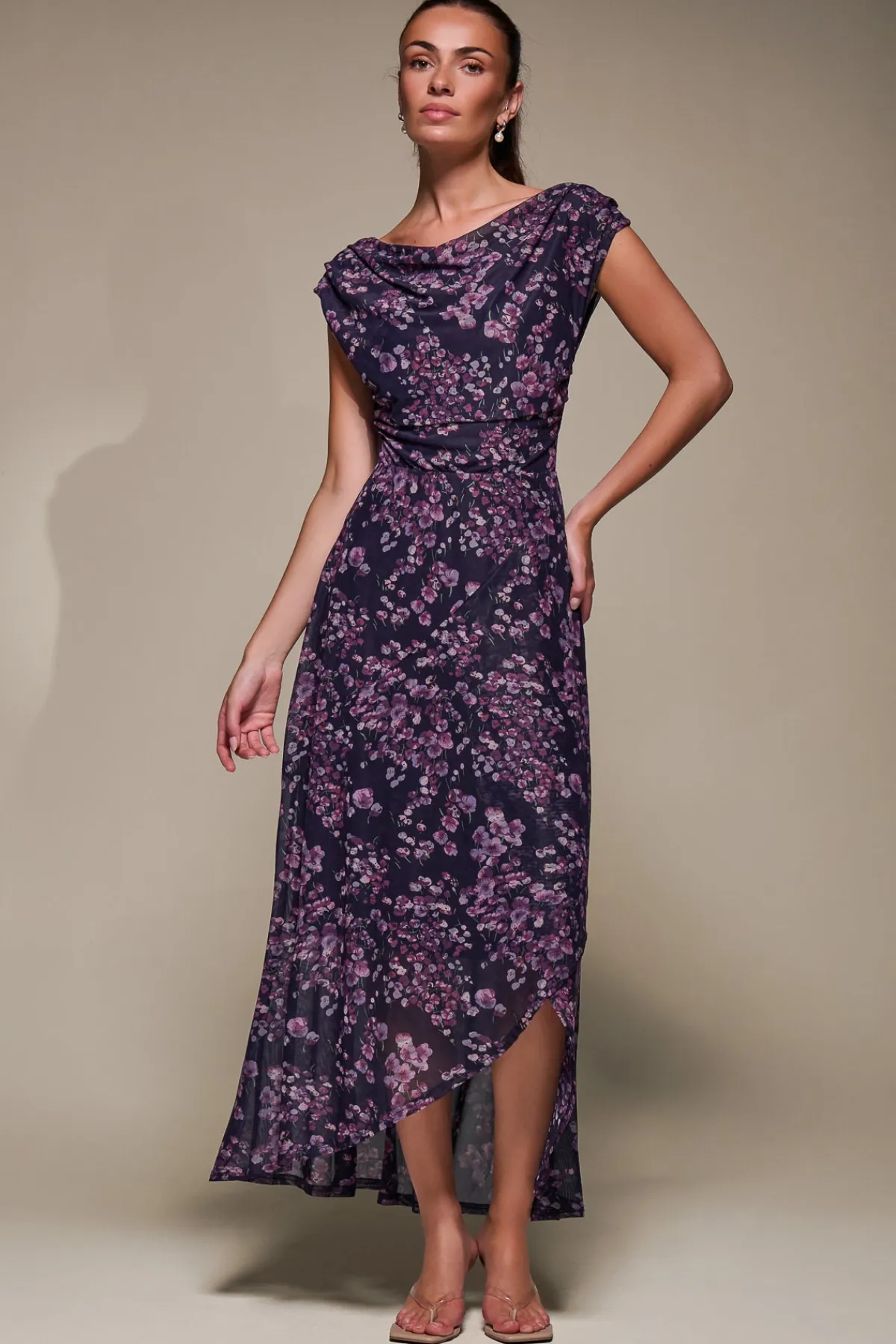 Jolie Moi Occasion Dresses|Floral Dresses-Asymmetric Draped Mesh Maxi Dress, Purple Floral