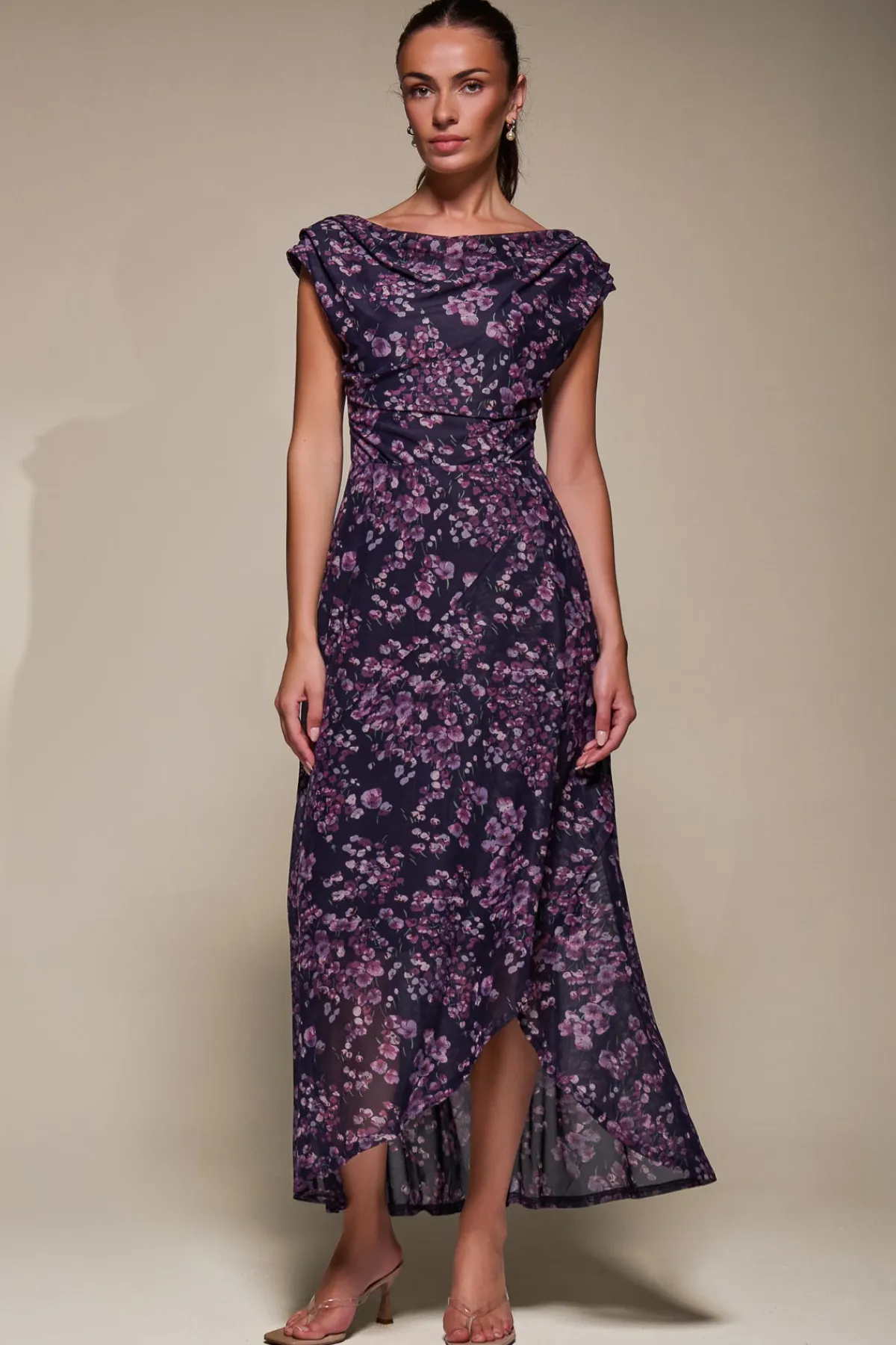 Jolie Moi Occasion Dresses|Floral Dresses-Asymmetric Draped Mesh Maxi Dress, Purple Floral