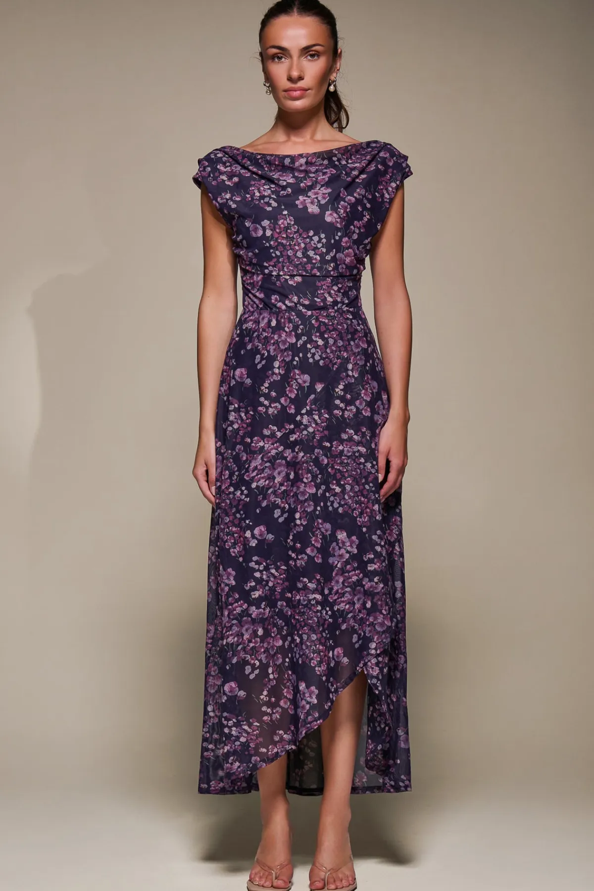 Jolie Moi Occasion Dresses|Floral Dresses-Asymmetric Draped Mesh Maxi Dress, Purple Floral