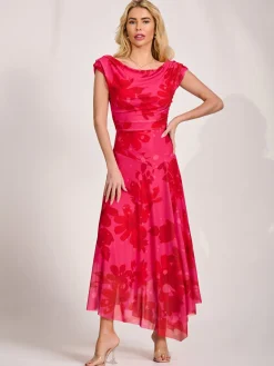 Jolie Moi Occasion Dresses|Party Dresses-Asymmetric Draped Mesh Maxi Dress, Red Floral