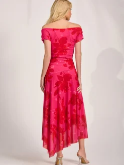 Jolie Moi Occasion Dresses|Party Dresses-Asymmetric Draped Mesh Maxi Dress, Red Floral