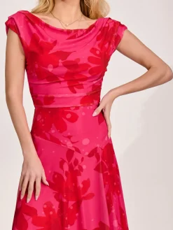 Jolie Moi Occasion Dresses|Party Dresses-Asymmetric Draped Mesh Maxi Dress, Red Floral