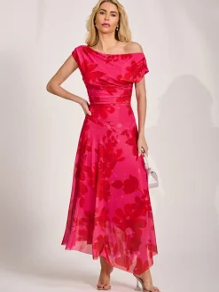 Jolie Moi Occasion Dresses|Party Dresses-Asymmetric Draped Mesh Maxi Dress, Red Floral