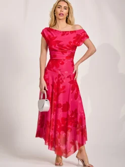 Jolie Moi Occasion Dresses|Party Dresses-Asymmetric Draped Mesh Maxi Dress, Red Floral