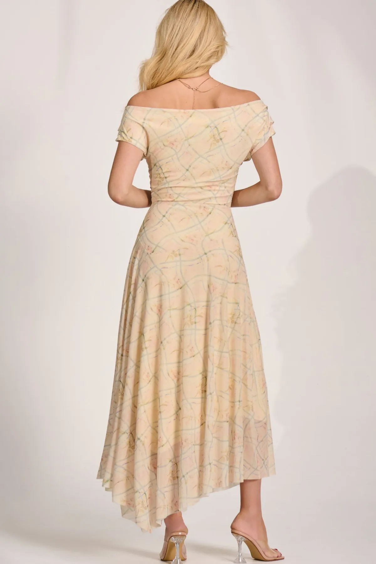 Jolie Moi Occasion Dresses|Party Dresses-Asymmetric Draped Mesh Maxi Dress, Yellow Check