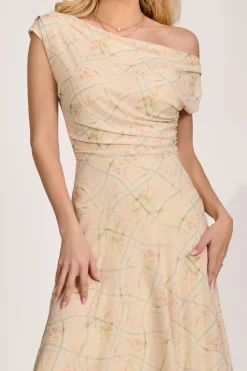 Jolie Moi Occasion Dresses|Party Dresses-Asymmetric Draped Mesh Maxi Dress, Yellow Check