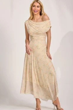 Jolie Moi Occasion Dresses|Party Dresses-Asymmetric Draped Mesh Maxi Dress, Yellow Check