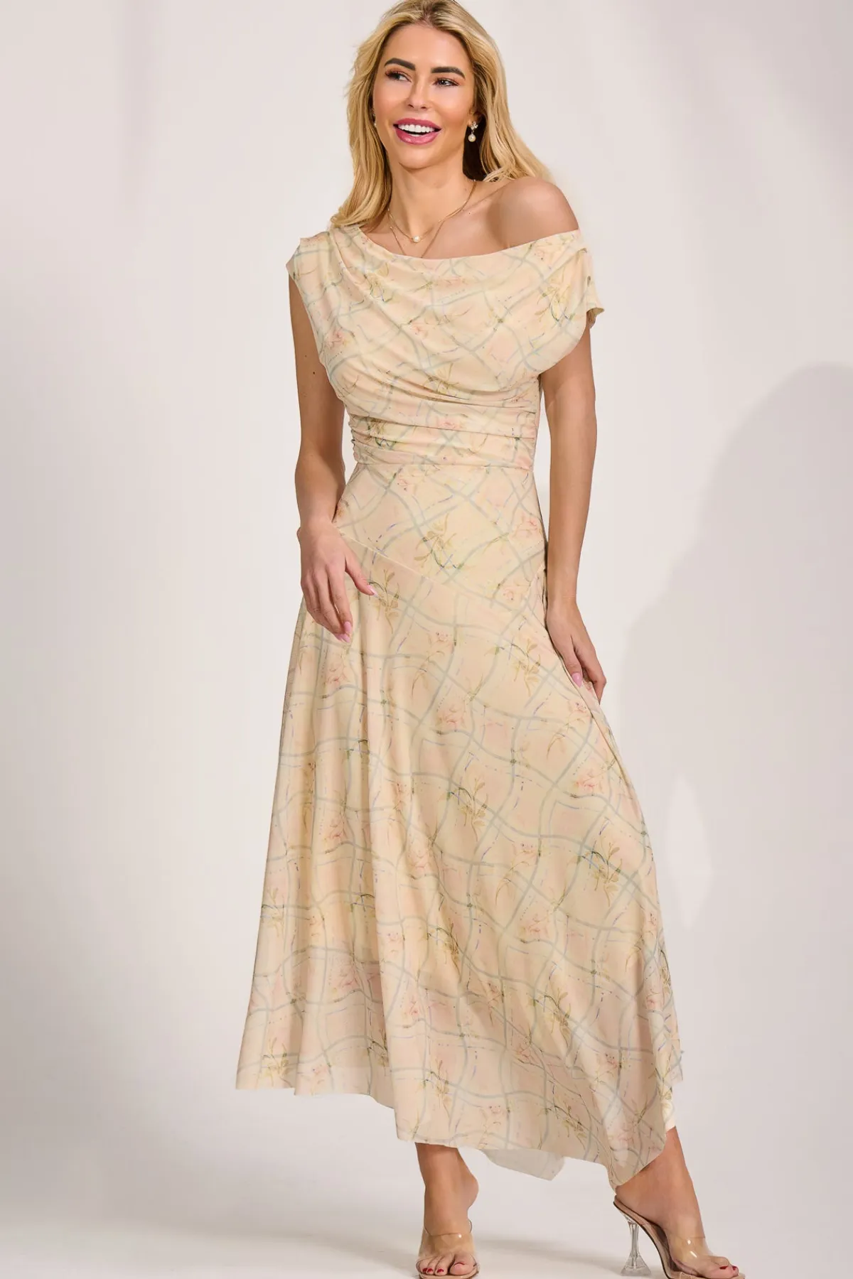 Jolie Moi Occasion Dresses|Party Dresses-Asymmetric Draped Mesh Maxi Dress, Yellow Check