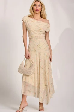 Jolie Moi Occasion Dresses|Party Dresses-Asymmetric Draped Mesh Maxi Dress, Yellow Check