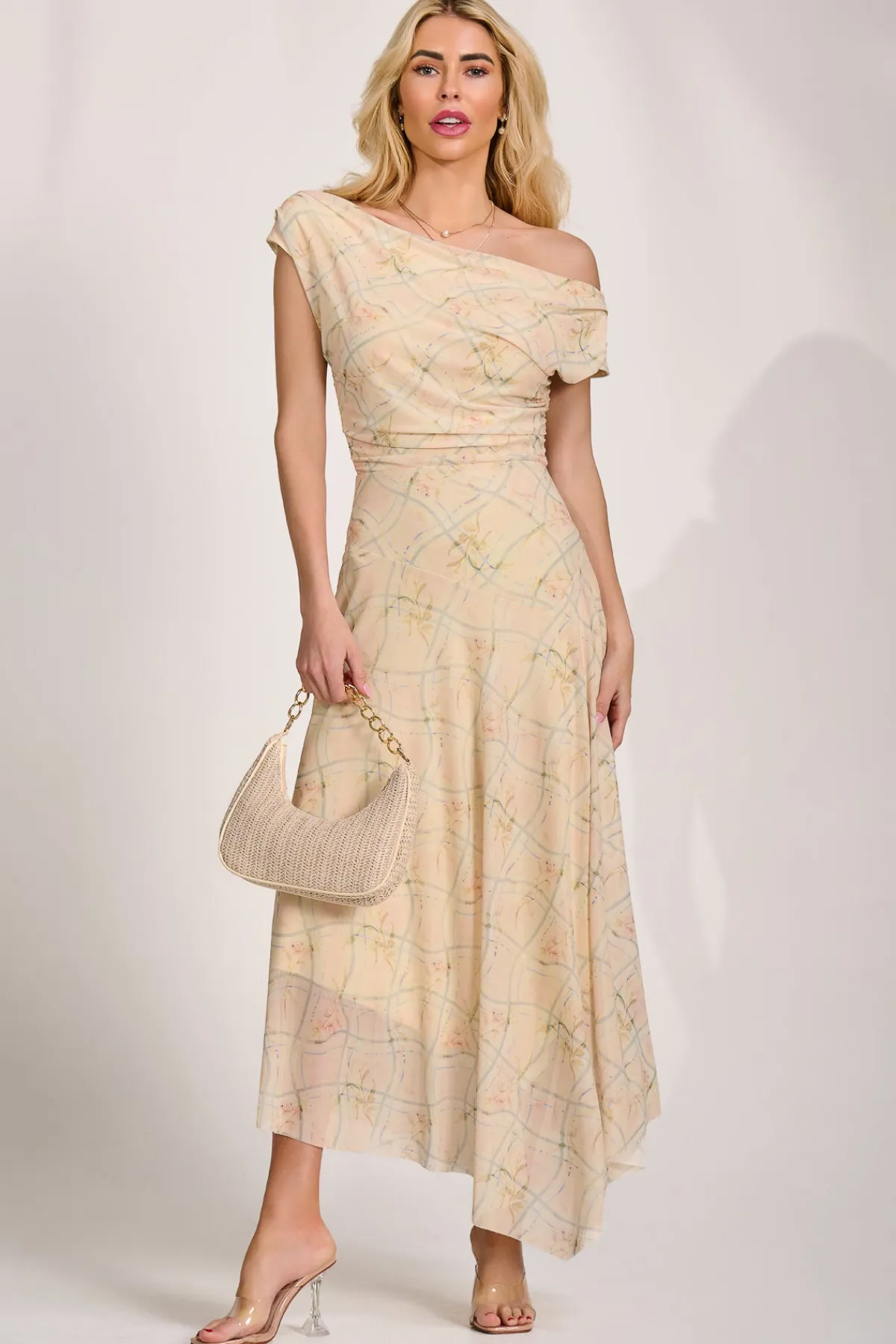 Jolie Moi Occasion Dresses|Party Dresses-Asymmetric Draped Mesh Maxi Dress, Yellow Check