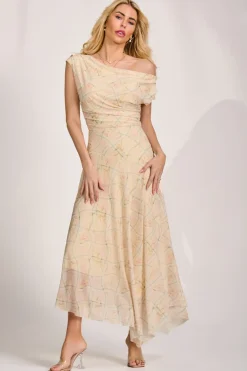 Jolie Moi Occasion Dresses|Party Dresses-Asymmetric Draped Mesh Maxi Dress, Yellow Check