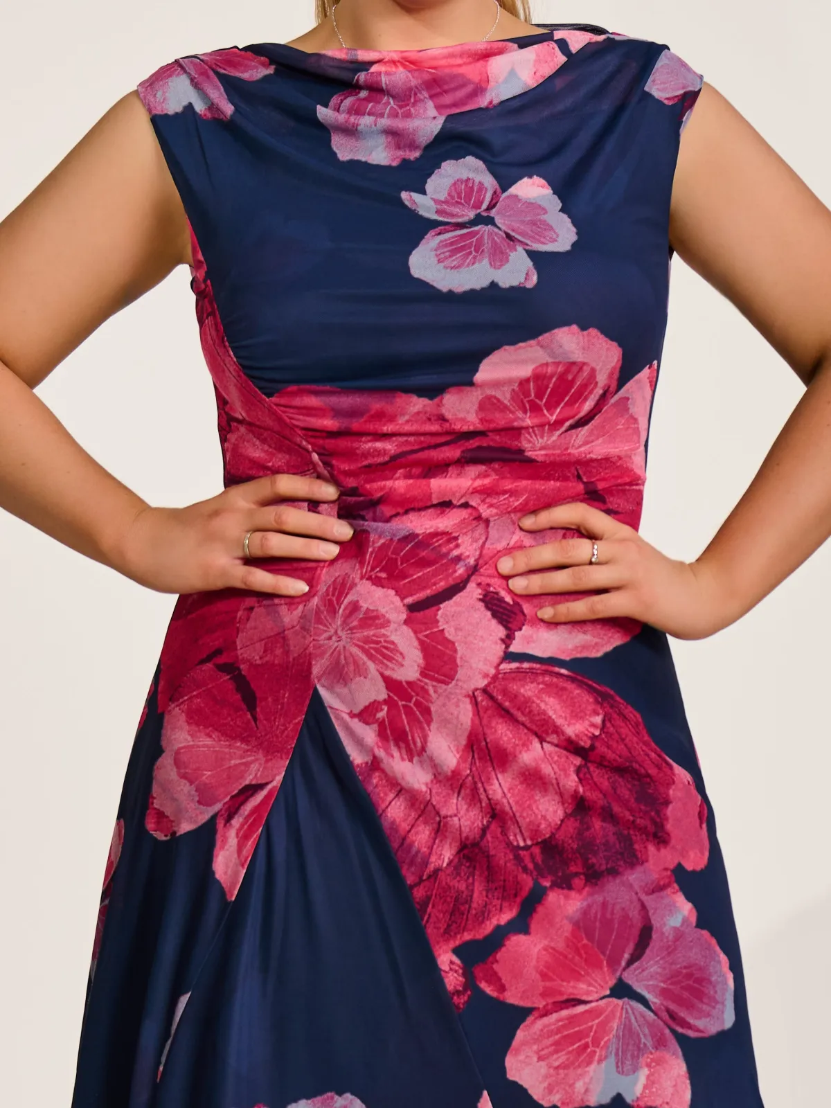 Jolie Moi Wedding Guest|Wedding Guest-Asymmetric Draped Mesh Midaxi Dress, Fuchsia Floral