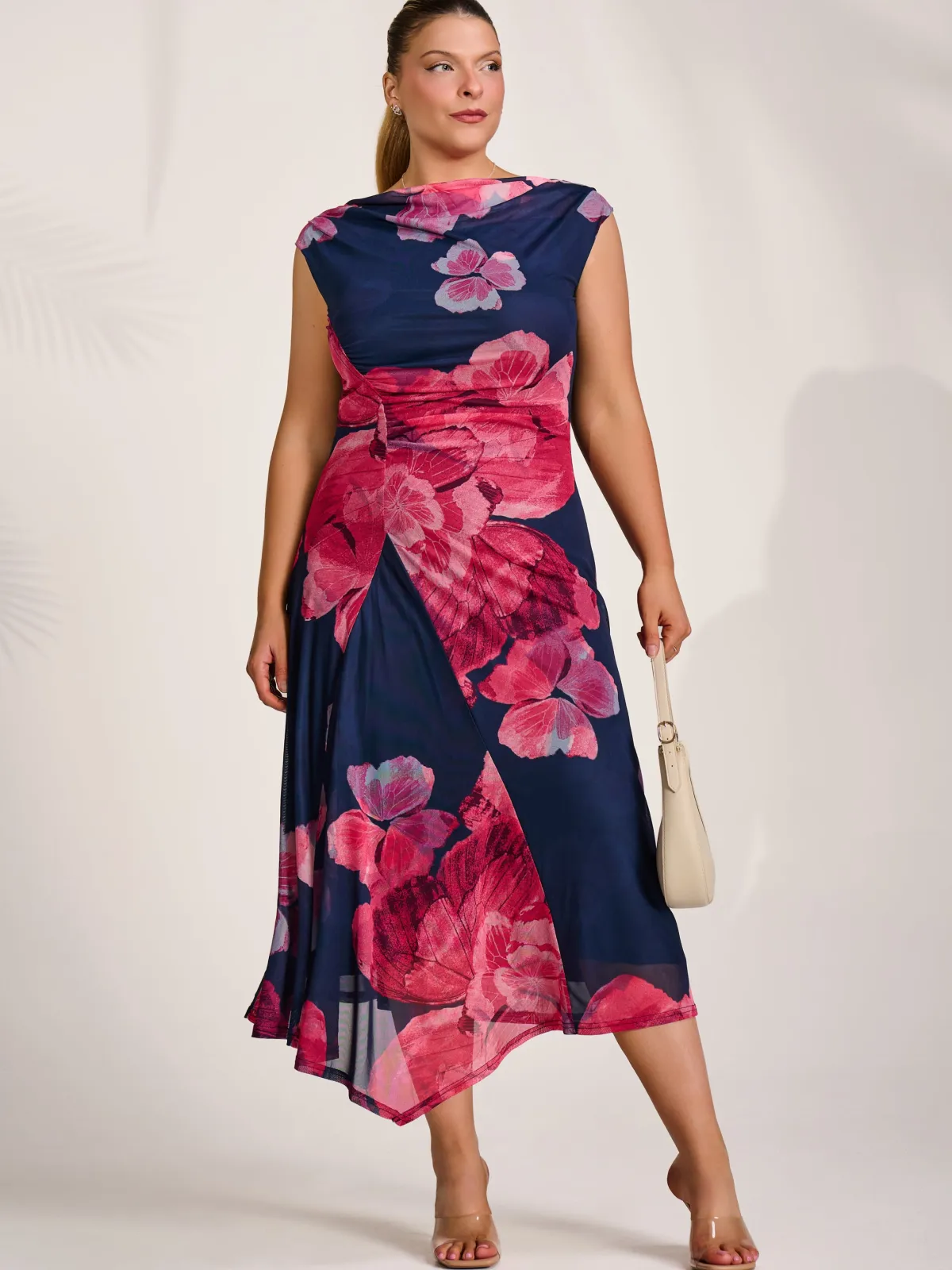 Jolie Moi Wedding Guest|Wedding Guest-Asymmetric Draped Mesh Midaxi Dress, Fuchsia Floral