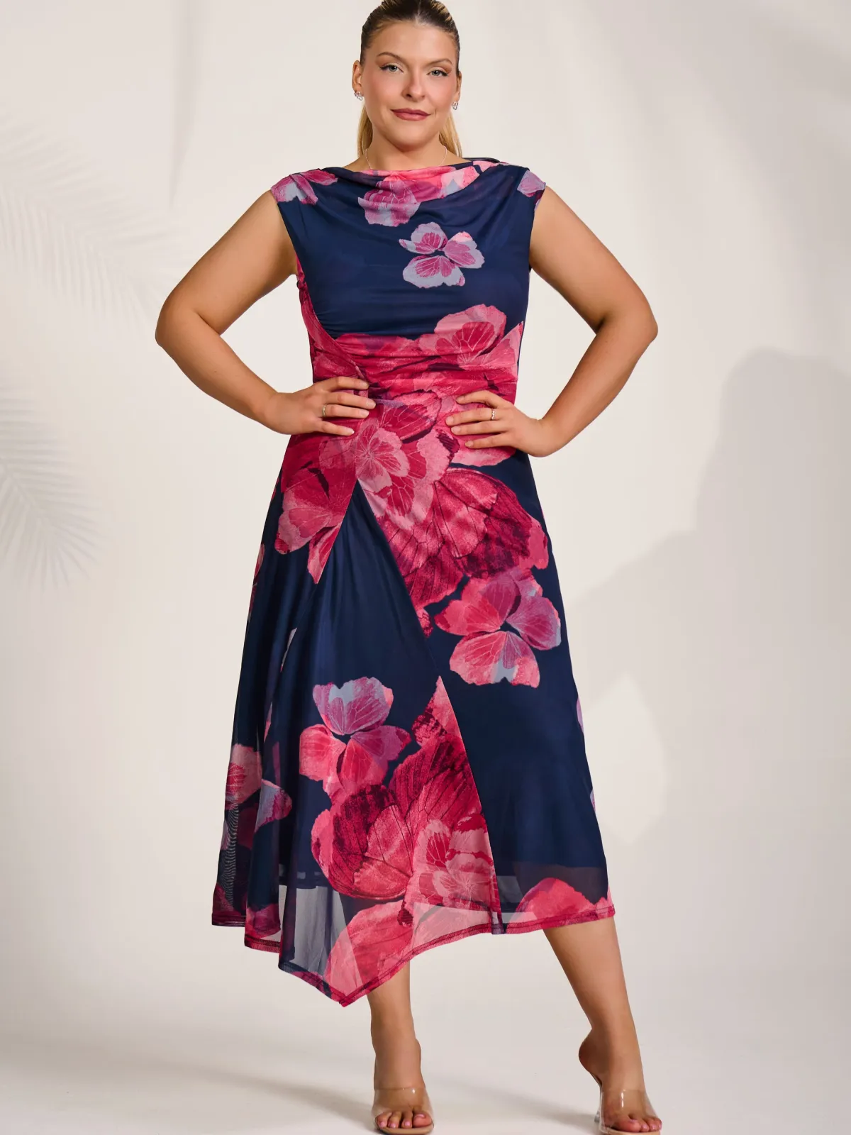 Jolie Moi Wedding Guest|Wedding Guest-Asymmetric Draped Mesh Midaxi Dress, Fuchsia Floral