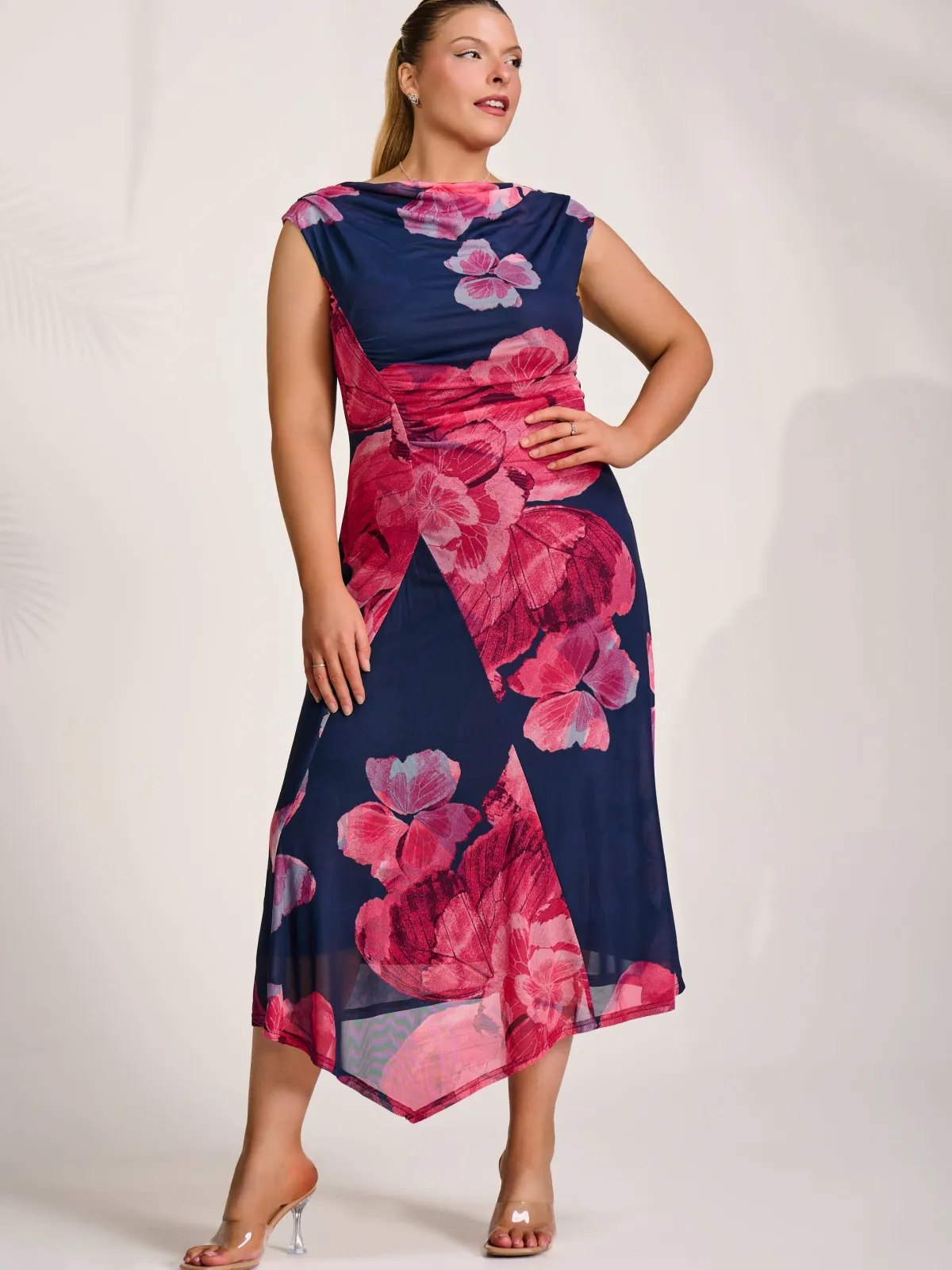 Jolie Moi Wedding Guest|Wedding Guest-Asymmetric Draped Mesh Midaxi Dress, Fuchsia Floral