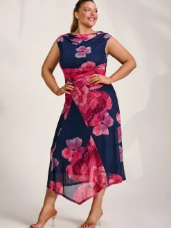 Jolie Moi Wedding Guest|Wedding Guest-Asymmetric Draped Mesh Midaxi Dress, Fuchsia Floral
