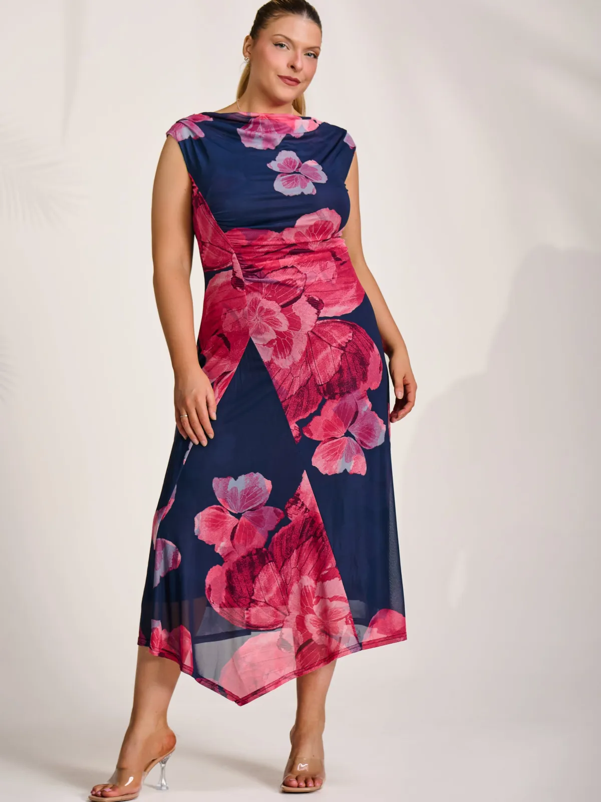 Jolie Moi Wedding Guest|Wedding Guest-Asymmetric Draped Mesh Midaxi Dress, Fuchsia Floral