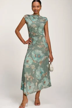 Jolie Moi Occasion Dresses|Party Dresses-Asymmetric Draped Mesh Midaxi Dress, Green Floral