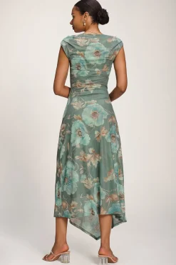 Jolie Moi Occasion Dresses|Party Dresses-Asymmetric Draped Mesh Midaxi Dress, Green Floral