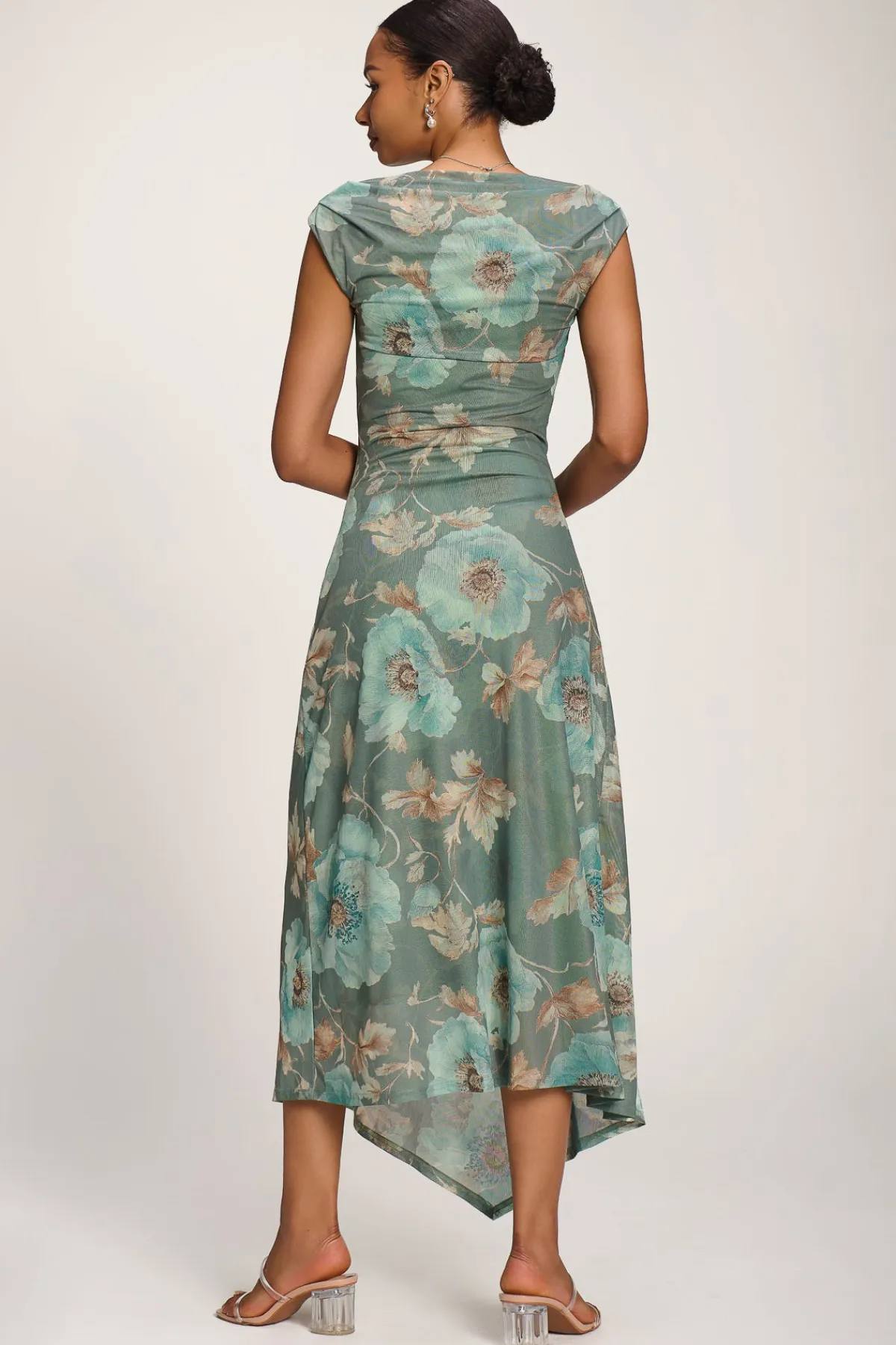 Jolie Moi Occasion Dresses|Party Dresses-Asymmetric Draped Mesh Midaxi Dress, Green Floral