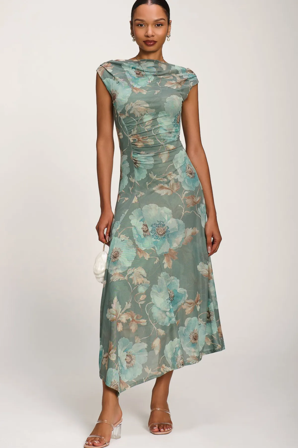 Jolie Moi Occasion Dresses|Party Dresses-Asymmetric Draped Mesh Midaxi Dress, Green Floral