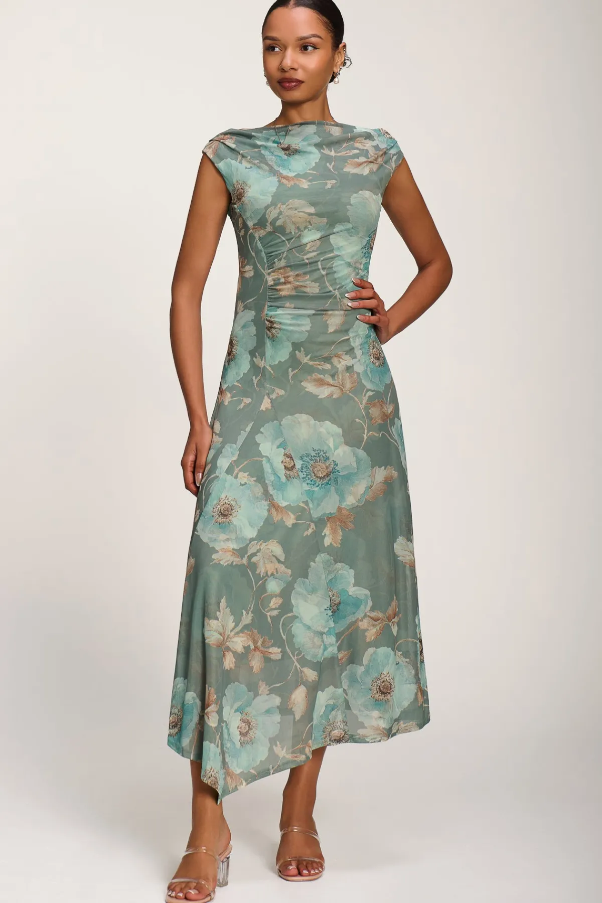 Jolie Moi Occasion Dresses|Party Dresses-Asymmetric Draped Mesh Midaxi Dress, Green Floral