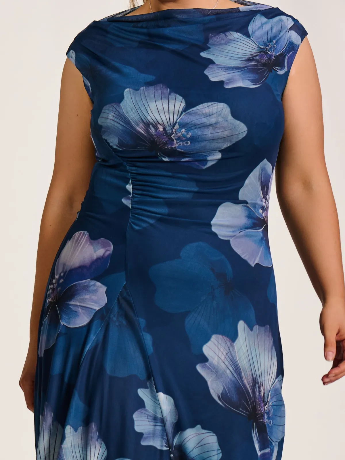 Jolie Moi Occasion Dresses|Floral Dresses-Asymmetric Draped Mesh Midaxi Dress, Navy Floral