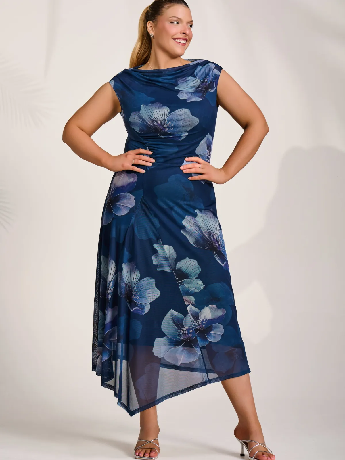 Jolie Moi Occasion Dresses|Floral Dresses-Asymmetric Draped Mesh Midaxi Dress, Navy Floral