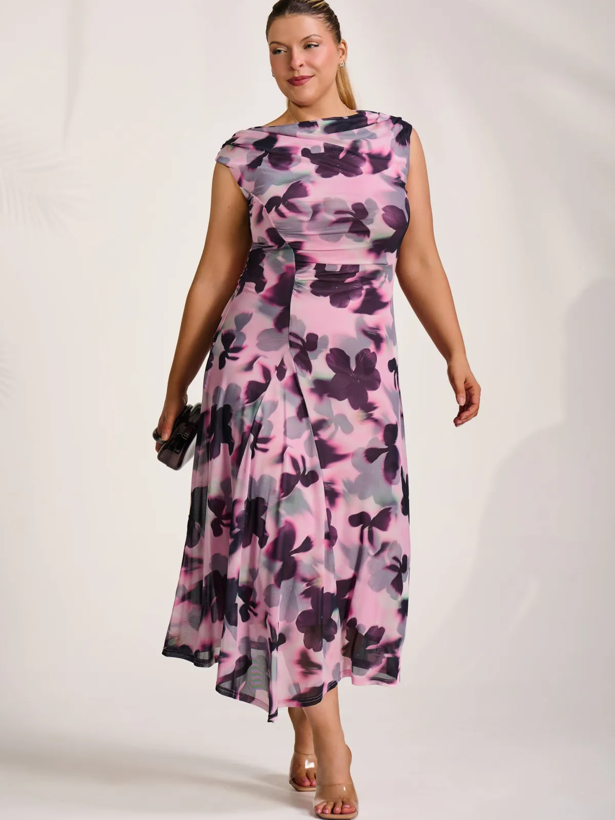 Jolie Moi Wedding Guest|Wedding Guest-Asymmetric Draped Mesh Midaxi Dress, Pink Abstract