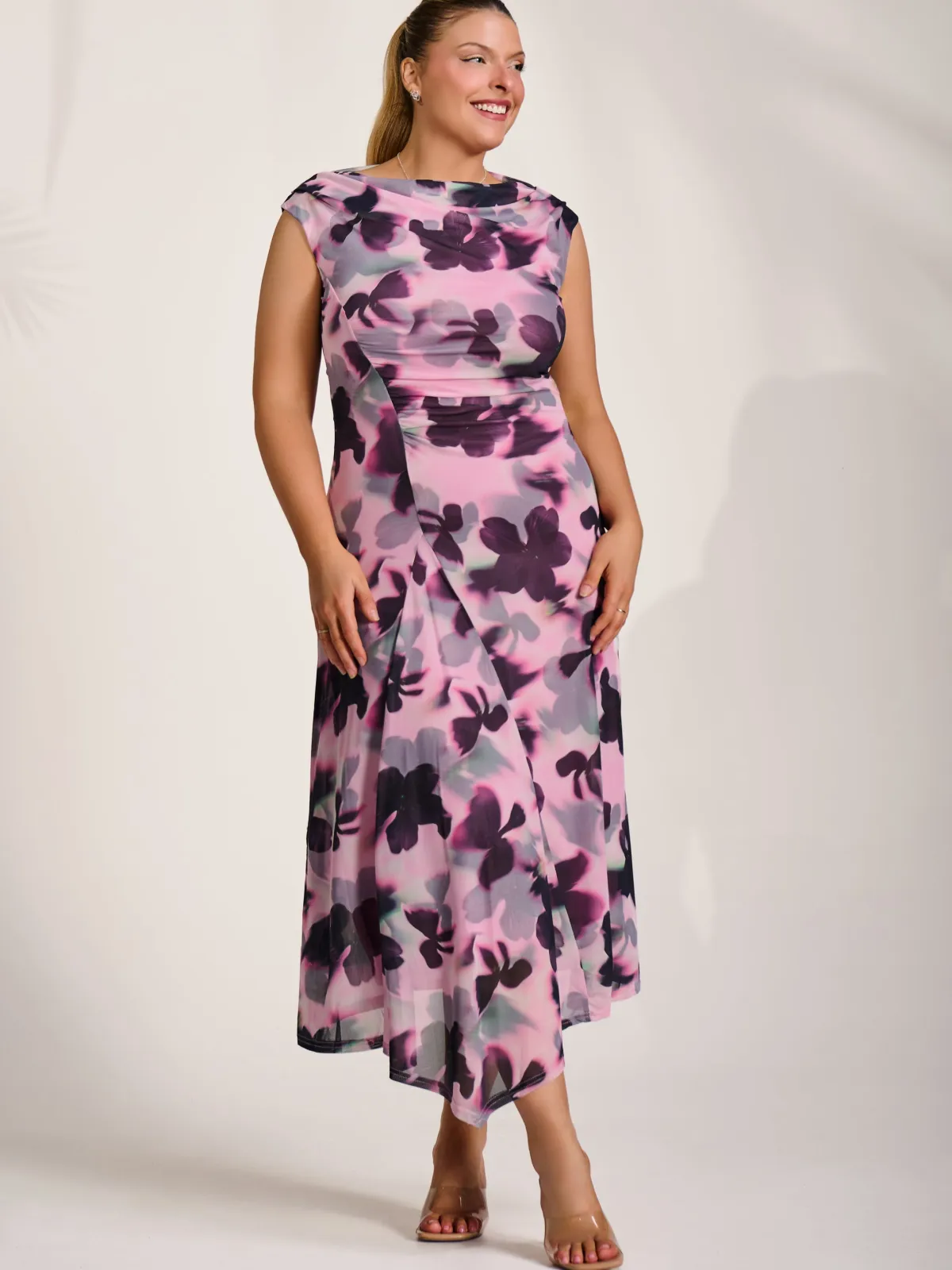 Jolie Moi Wedding Guest|Wedding Guest-Asymmetric Draped Mesh Midaxi Dress, Pink Abstract