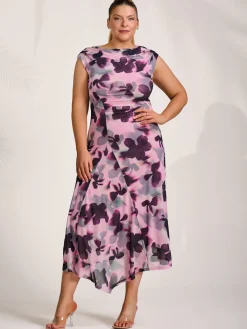 Jolie Moi Wedding Guest|Wedding Guest-Asymmetric Draped Mesh Midaxi Dress, Pink Abstract