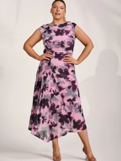 Jolie Moi Wedding Guest|Wedding Guest-Asymmetric Draped Mesh Midaxi Dress, Pink Abstract