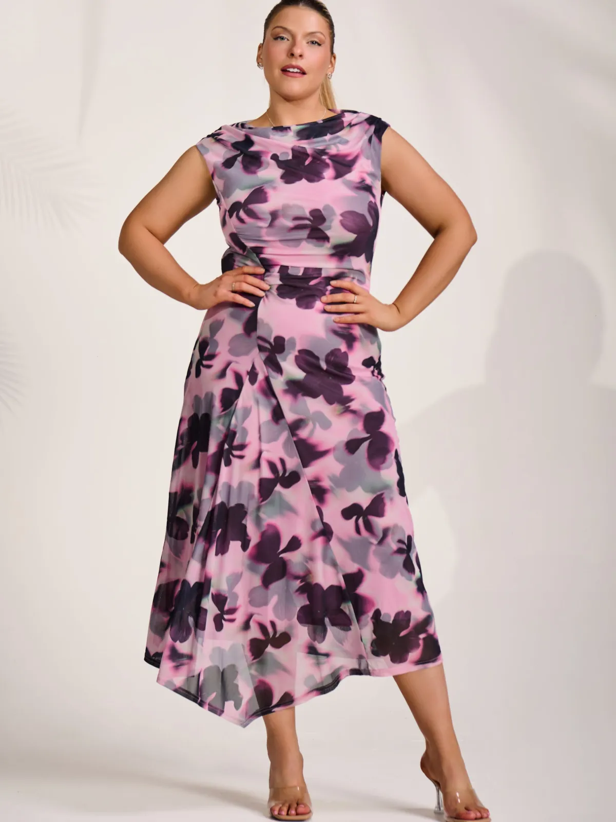 Jolie Moi Wedding Guest|Wedding Guest-Asymmetric Draped Mesh Midaxi Dress, Pink Abstract
