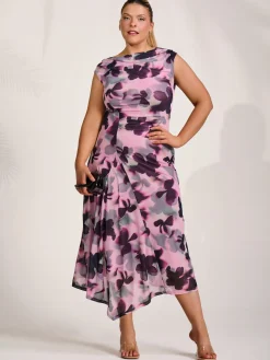Jolie Moi Wedding Guest|Wedding Guest-Asymmetric Draped Mesh Midaxi Dress, Pink Abstract