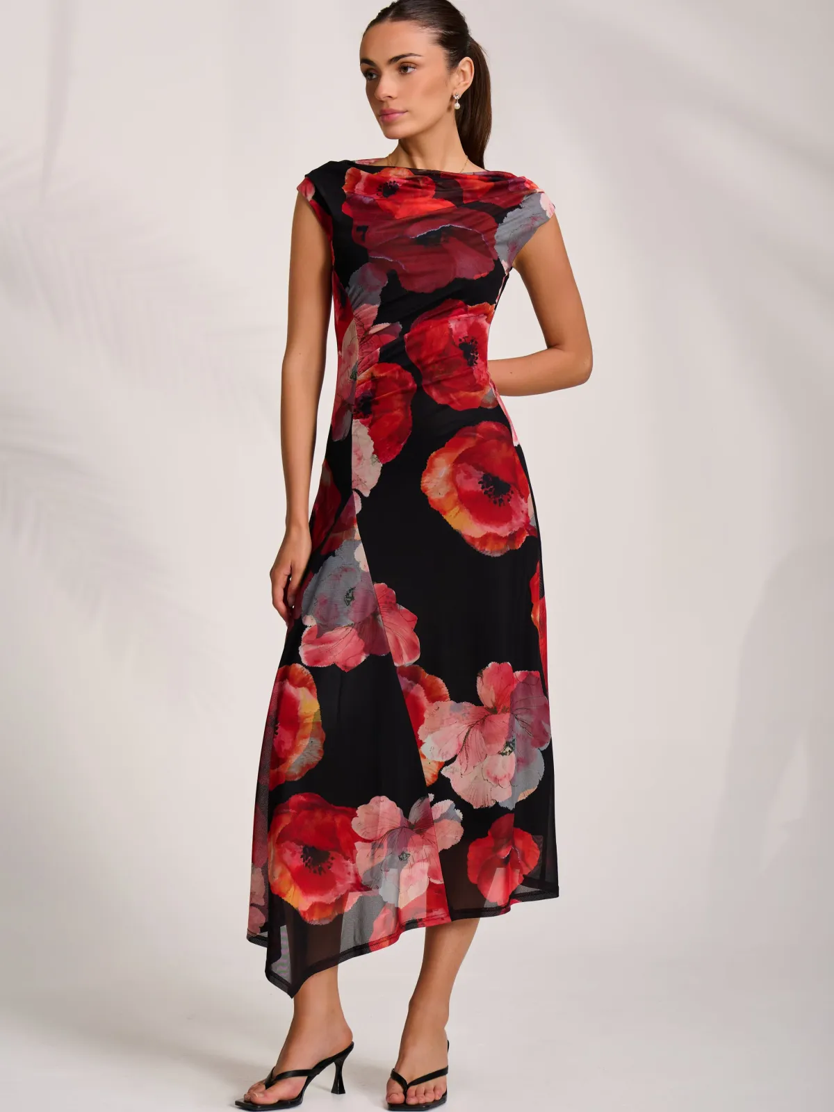 Jolie Moi Wedding Guest|Wedding Guest-Asymmetric Draped Mesh Midaxi Dress, Red Floral