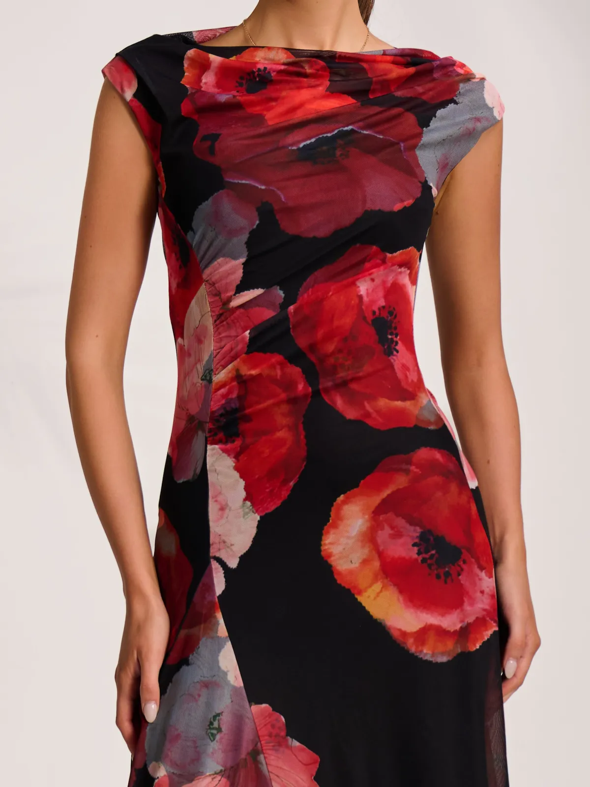 Jolie Moi Wedding Guest|Wedding Guest-Asymmetric Draped Mesh Midaxi Dress, Red Floral