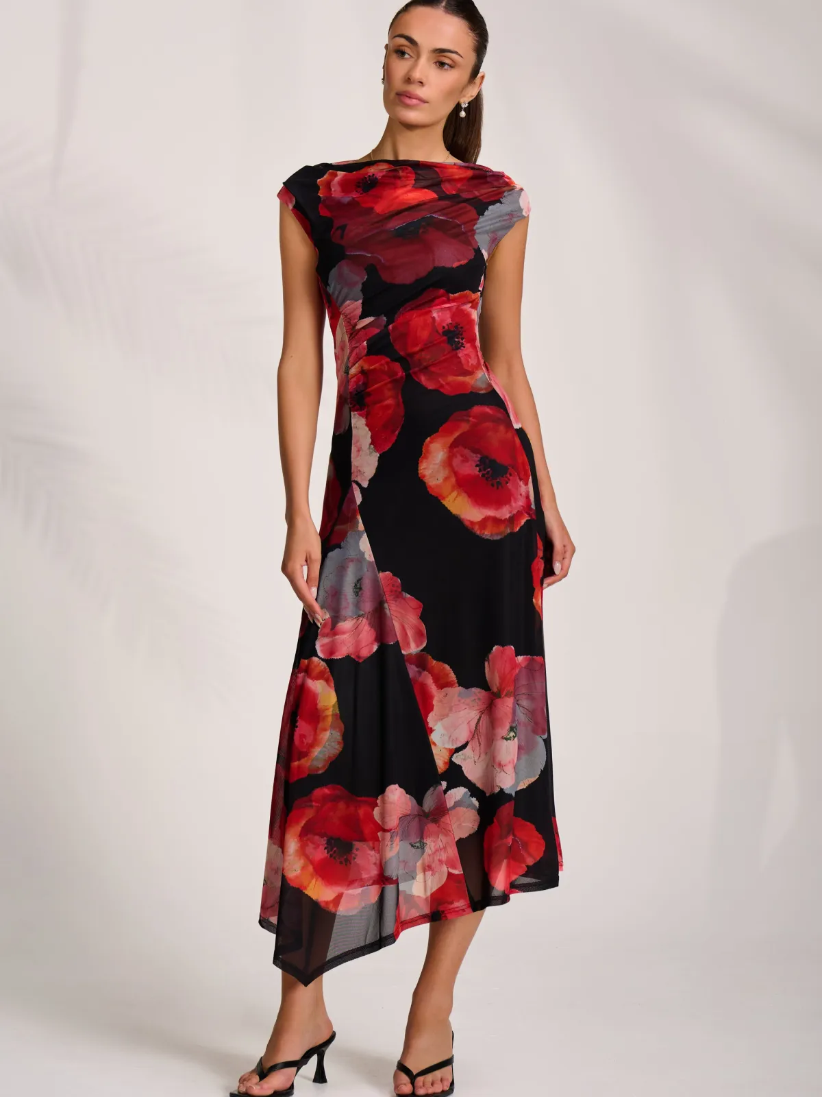 Jolie Moi Wedding Guest|Wedding Guest-Asymmetric Draped Mesh Midaxi Dress, Red Floral