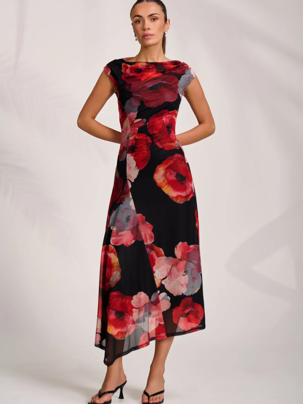 Jolie Moi Wedding Guest|Wedding Guest-Asymmetric Draped Mesh Midaxi Dress, Red Floral