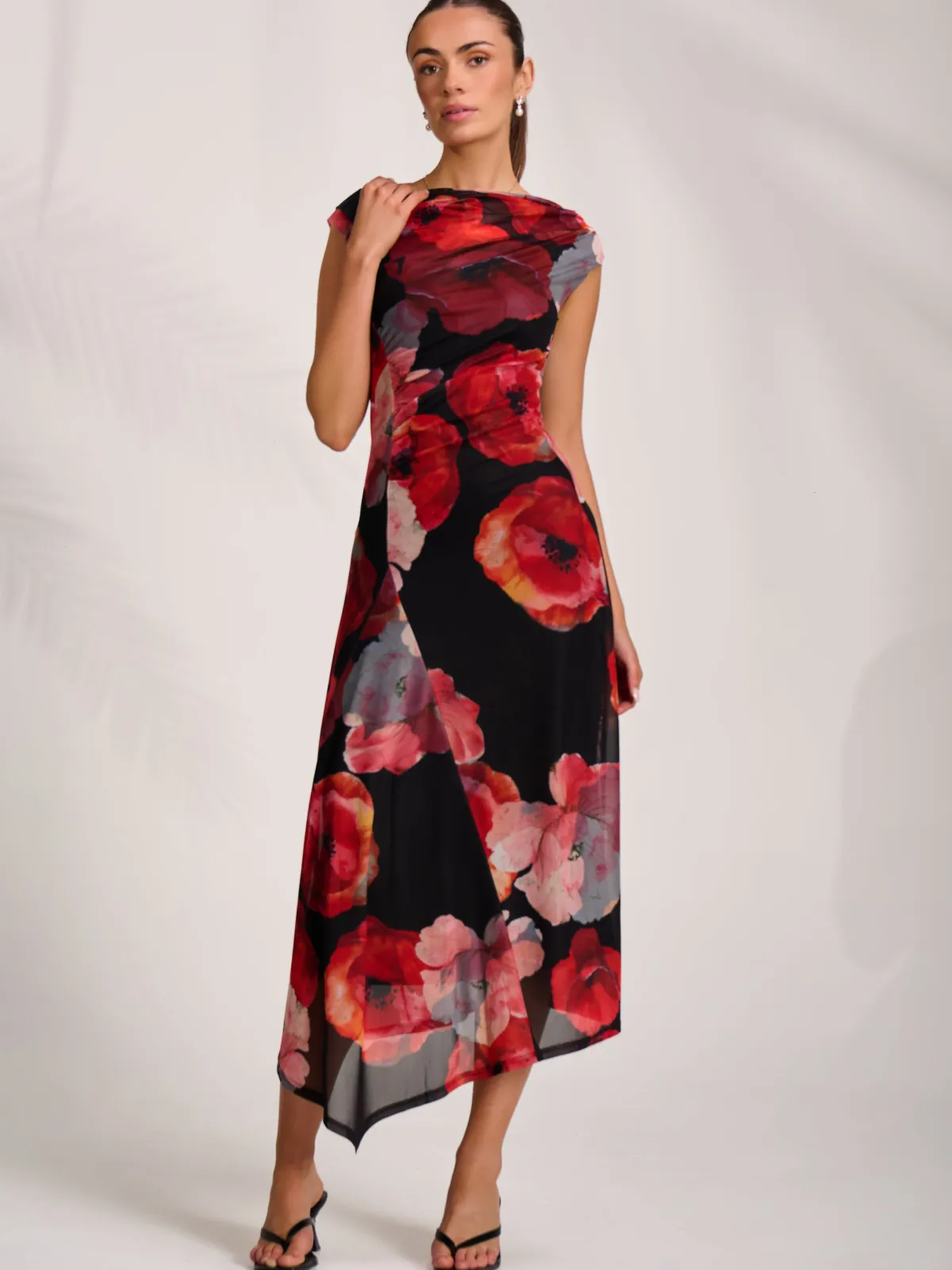 Jolie Moi Wedding Guest|Wedding Guest-Asymmetric Draped Mesh Midaxi Dress, Red Floral